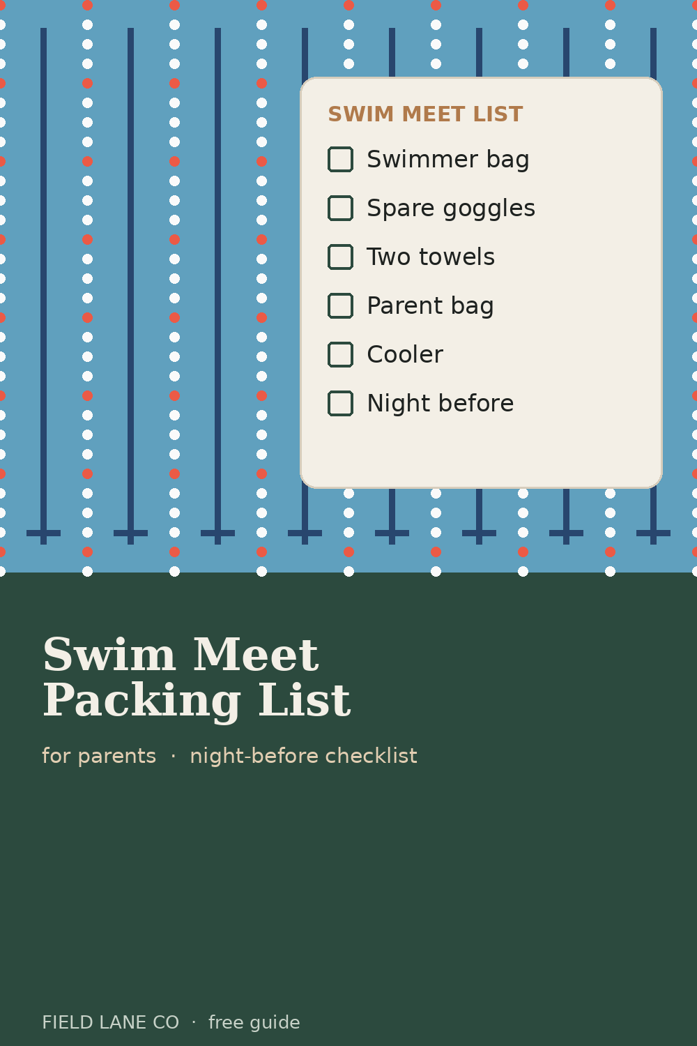 Illustrated pool lanes beside a swim meet packing checklist with towel, goggles, cap, and cooler items