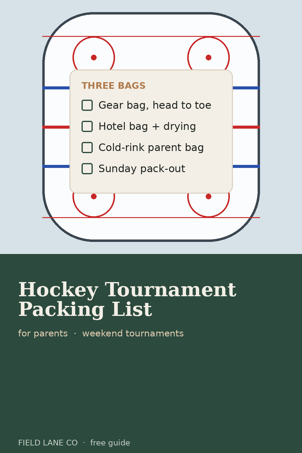 Illustration of a hockey rink outline from above with a gear bag checklist: head to toe, hotel bag, rink bag, Sunday pack-out