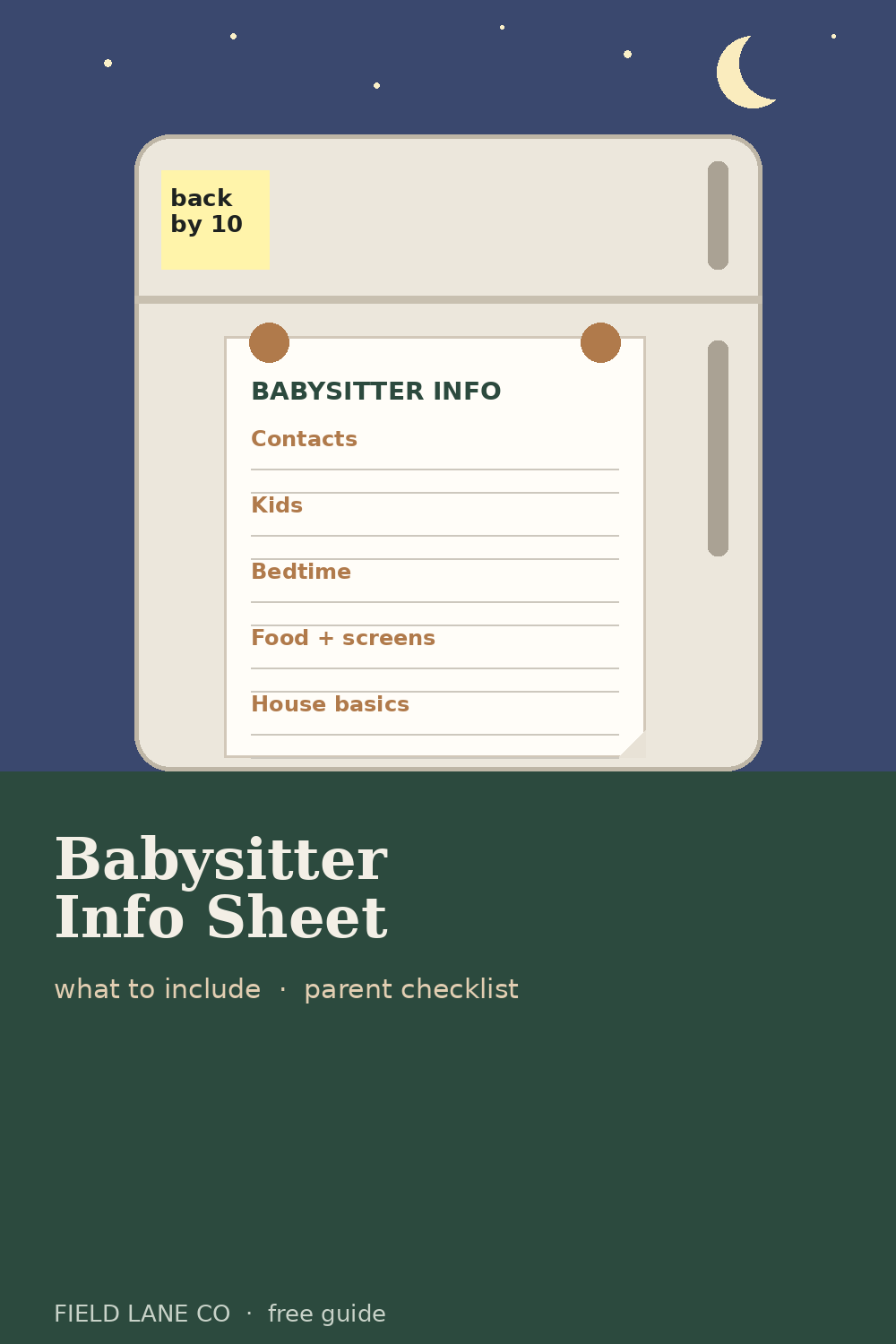 Illustration of a refrigerator door with a babysitter info sheet held up by magnets, listing contacts, kids, bedtime, and house basics